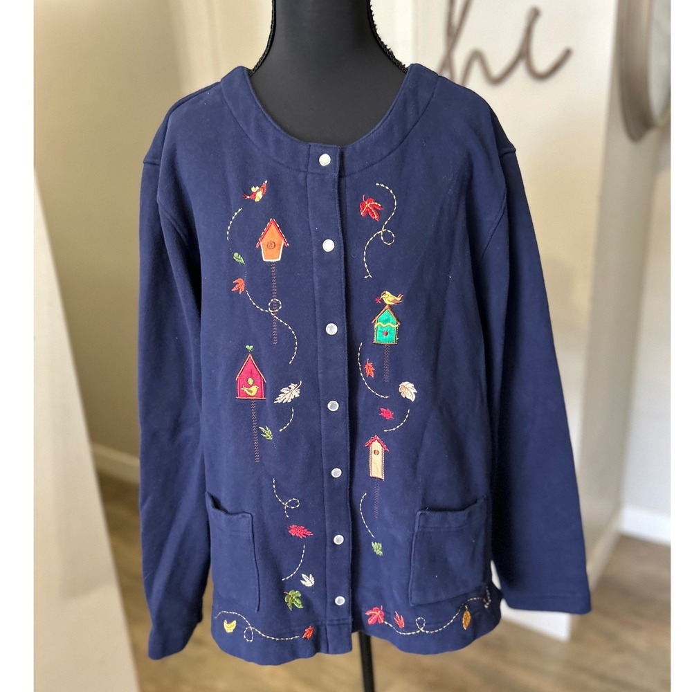 Classic Elements XL Womens Navy Blue Birdhouse Leaf Embroidered Cardigan Sweater